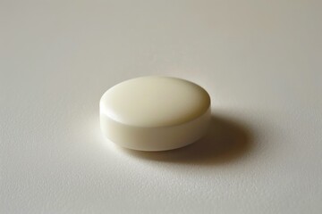 Single round white pill is casting a shadow on a white surface