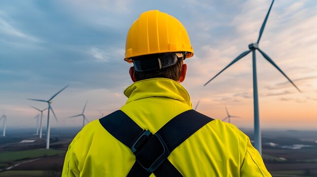 Skilled wind turbine technician in bright yellow safety jacket and harness descending a ladder at an offshore wind farm with spinning wind turbines visible across the vast ocean in the background