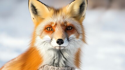Fototapeta premium Portrait of a fox with striking fur details on a snowy background.