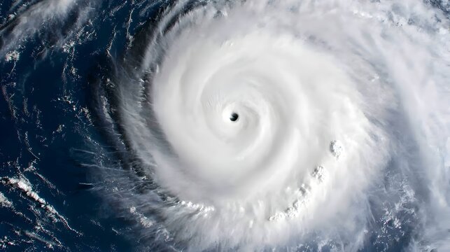 Powerful oceanic cyclone viewed from space showcasing swirling cloud masses driven by intense winds a clear storm eye and dark raging waters beneath the atmospheric phenomenon