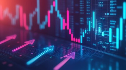 Fototapeta premium Stock market trading graph with arrows showing upward trends, modern digital design.