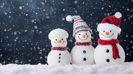 Fototapeta premium Three cheerful snowmen in winter snow, festive atmosphere with snowfall.