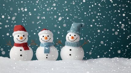 Three cheerful snowmen wearing colorful scarves in a snowy scene.