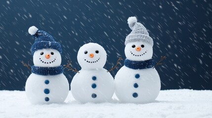 Fototapeta premium Three cheerful snowmen in winter snow, wearing hats and scarves, against a snowy backdrop.