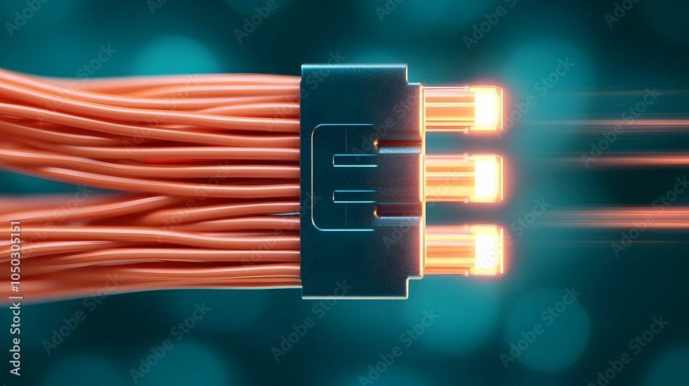 Poster Closeup view of a vibrant and intricate RJ45 network cable with pulsing light illuminating the connection and the detailed structure of the pins and wires captured in high definition