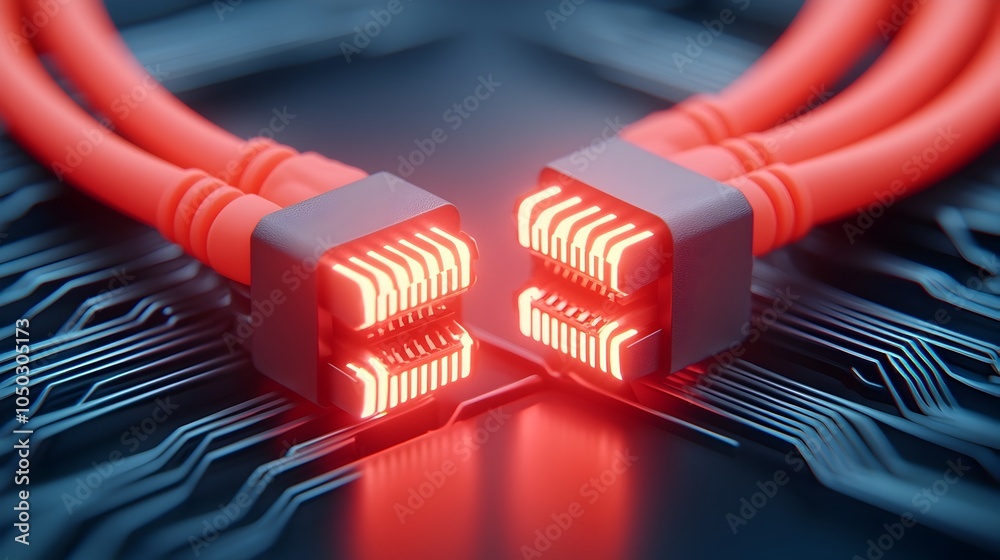 Poster Close up view of a RJ45 network cable with glowing pulsing lights running through the intricate details of the connector and wiring  The vibrant