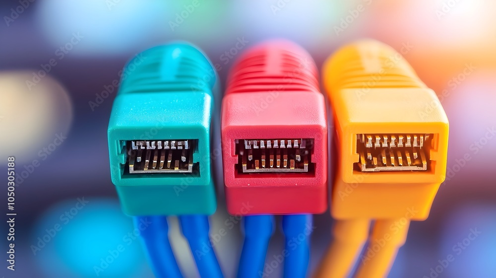 Poster Close up view of a vibrant glowing RJ45 network cable with soft light reflecting off the metallic pins and fiber optics illuminating the cable ends creating a captivating technological display
