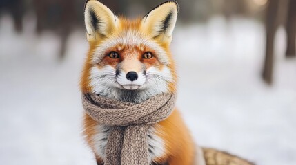 Obraz premium A smiling fox wearing a cozy scarf in a wintry forest setting.