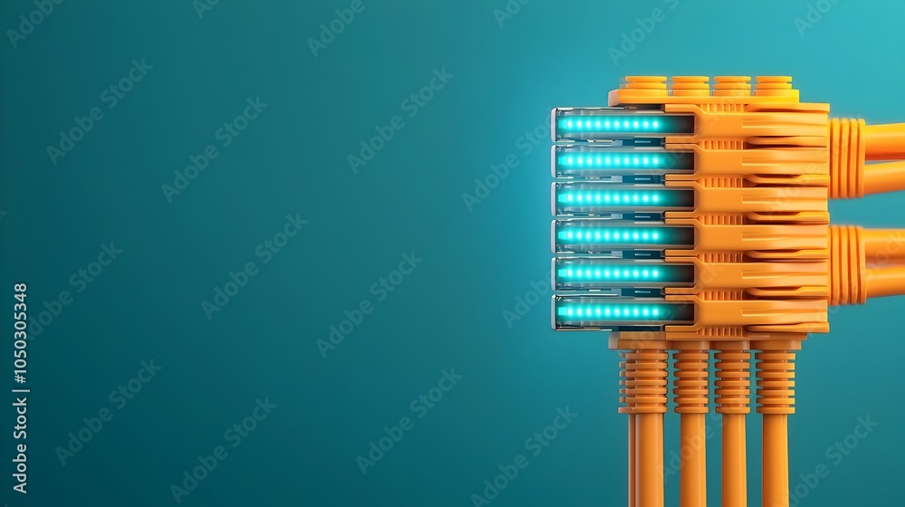 Poster detailed close up shot of an rj45 network cable connector with its metallic pins and connectors emit