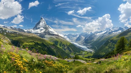 A dramatic view of the Matterhorn with its snow-capped peak and surrounding alpine landscape, mountainous setting with stunning natural beauty, Majestic style