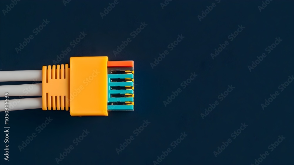 Poster Closeup view of a high definition RJ45 ethernet cable connector revealing the intricate structure of the pins and glowing connections emitting colorful illumination conveying a sense of technology
