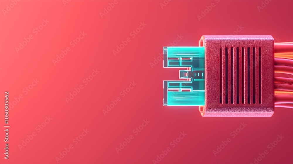 Poster High definition close up of an RJ45 cable connector with its connections emitting colorful vibrant light  The intricate structure of the pins is visible through the soft illumination