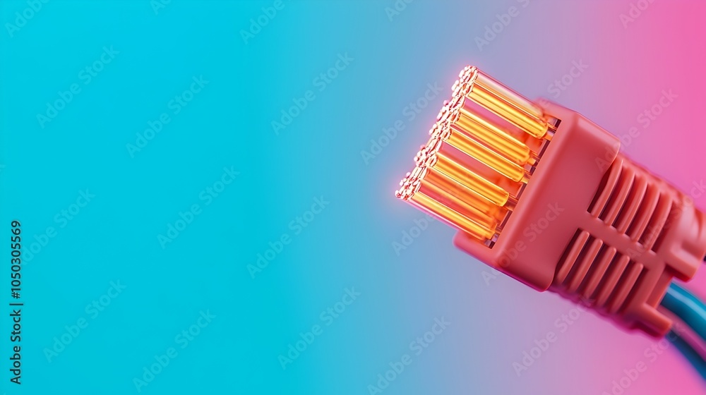 Poster Detailed close up view of an illuminated RJ45 Ethernet cable connector with the intricate structure of the glowing pins and digital connections visible through soft lighting