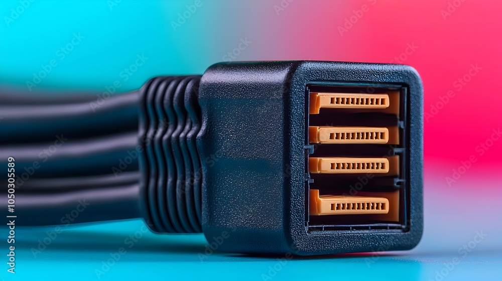 Poster Closeup high definition image of an RJ45 ethernet cable connector with the internal metallic pins and structure glowing with vivid colorful illumination