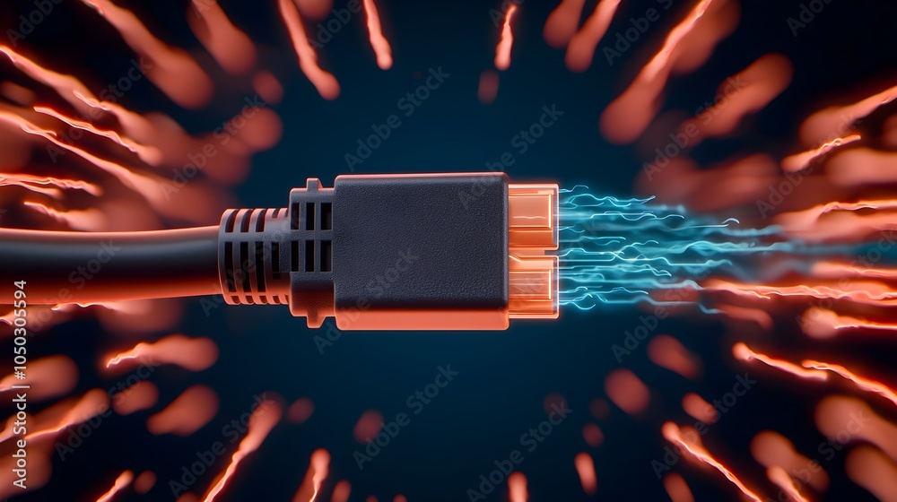 Poster Closeup of a vibrant blue glowing RJ45 Ethernet cable connector capturing the fine details of the connector pins and light trails representing the high speed data flow through the digital network