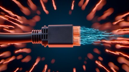 Closeup of a vibrant blue glowing RJ45 Ethernet cable connector capturing the fine details of the connector pins and light trails representing the high speed data flow through the digital network