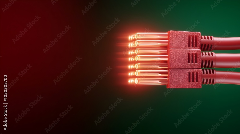 Aufkleber Closeup view of an RJ45 network cable with glowing connectors and bright fiber optic light shining through the pins highlighting the precision and connectivity of modern digital infrastructure