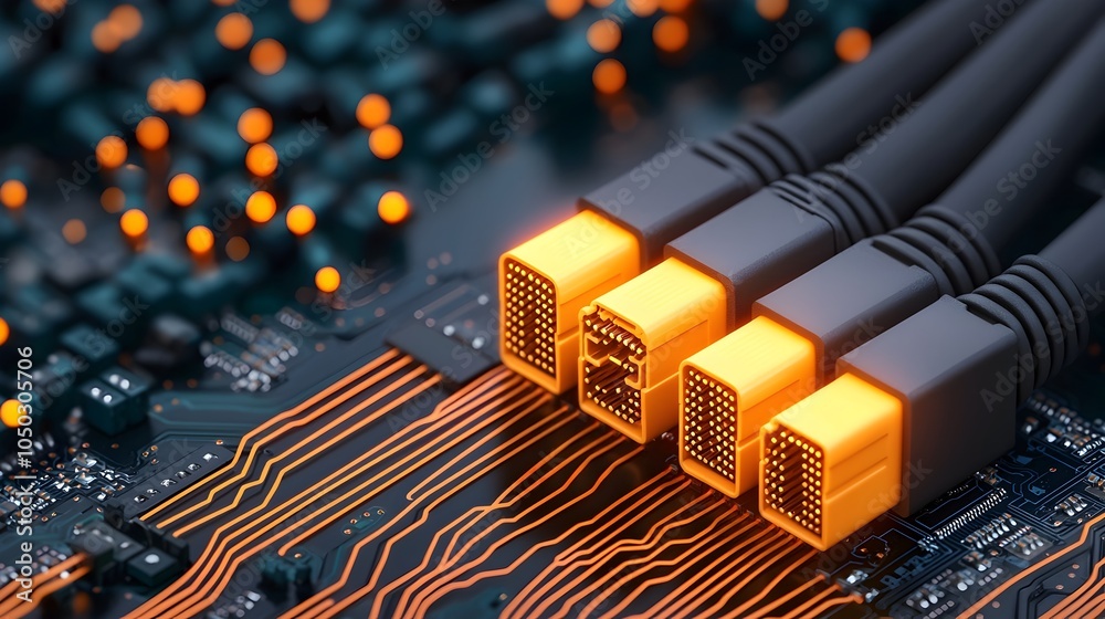 Poster detailed close up view of an rj45 network cable with bright illuminated connectors