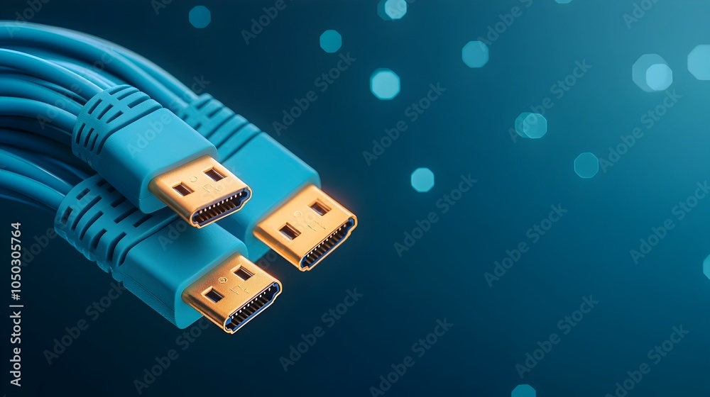 Poster Glowing blue RJ45 Ethernet cables close up the connectors illuminated against a digital matrix background representing high speed internet and data transmission