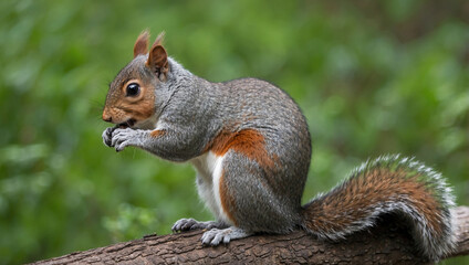 Naklejka premium A gray squirrel with a bushy tail sits on a branch and eats a nut.