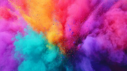 Fototapeta premium Colorful powder explosion on white background, vibrant hues of pink, orange, and purple.