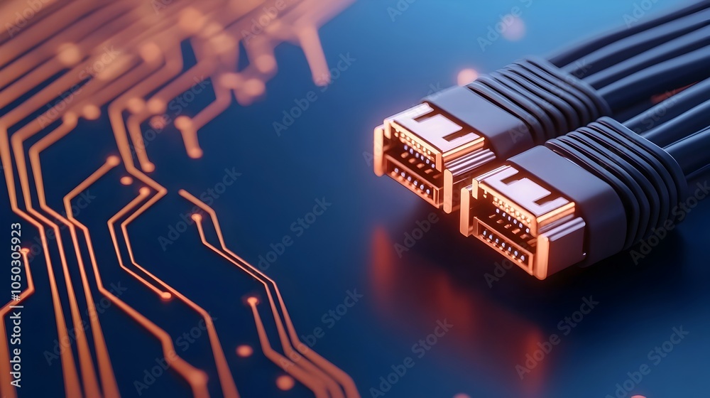 Poster Close up view of glowing illuminated RJ45 Ethernet cables set against a futuristic digital backdrop with circuit lines and data points in vivid blue tones