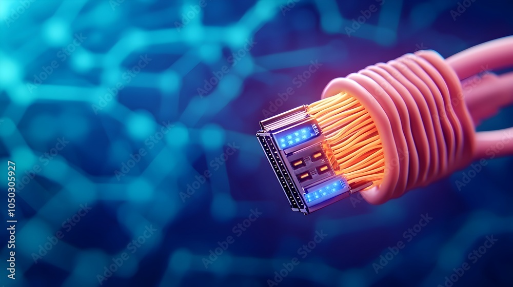 Poster Illuminating RJ45 Ethernet cables glowing in vivid blue hues set against a futuristic digital backdrop featuring circuit lines and data points creating a captivating technological landscape