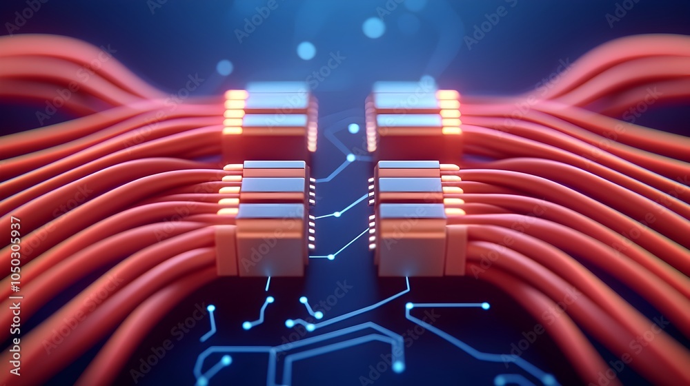 Poster Close up view of illuminated RJ45 Ethernet cables glowing in blue tones set against a futuristic digital backdrop featuring circuit lines and data points