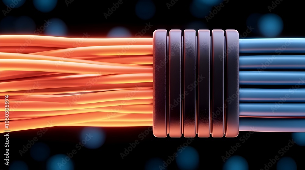Poster Close up of RJ45 Ethernet cables emitting a vibrant blue glow set against a futuristic digital backdrop featuring intricate circuit lines and data points