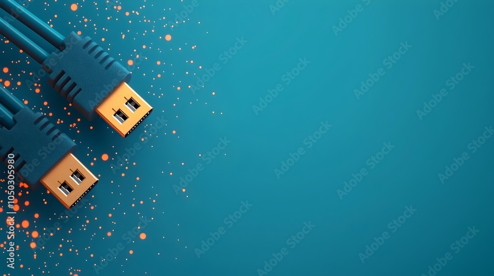 Poster Detailed view of glowing blue RJ45 Ethernet connectors amidst a digital background with light radiating from the cables and blending seamlessly with abstract tech elements