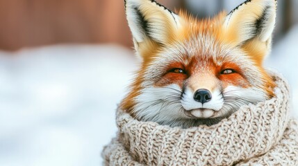 Fototapeta premium Cute fox wearing a cozy sweater with a joyful expression, white isolated background.