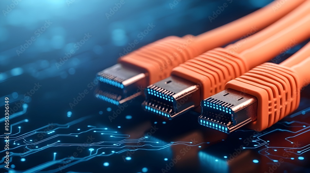 Poster Close up of glowing RJ45 Ethernet cables set against a dark digital landscape filled with luminous data streams and intricate circuit patterns creating a futuristic high tech