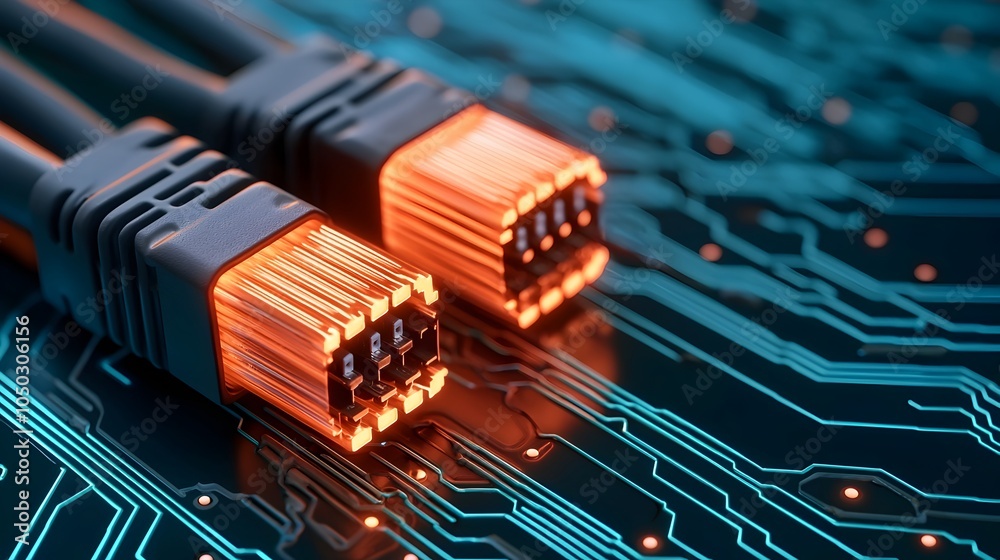 Fototapete Close up view of glowing RJ45 Ethernet cables set against a dark digital landscape filled with luminous data streams and intricate circuit patterns