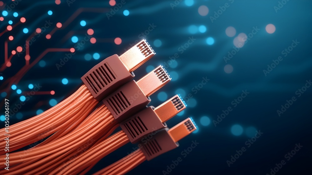 Wall mural close up of rj45 ethernet cables glowing in soft blue light set against a dark digital landscape wit