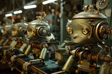 Fototapeta premium Row of vintage robots standing in a factory, waiting to be put to work