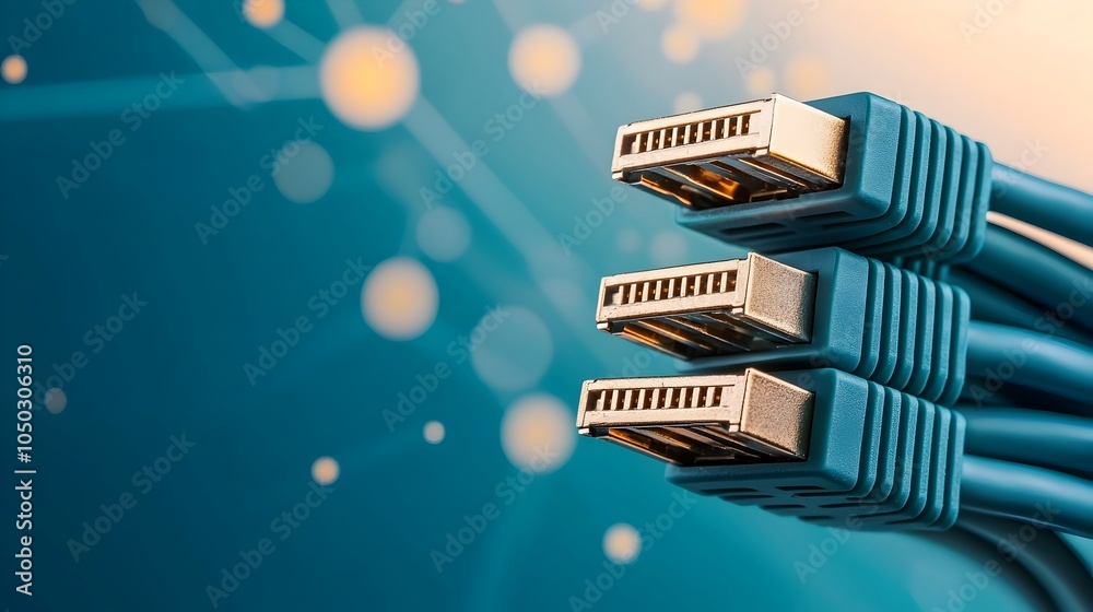 Poster Glowing Blue RJ45 Ethernet Cables Emitting Bright Light on Digital Data Backdrop Representing Modern Networking and Connectivity Technology