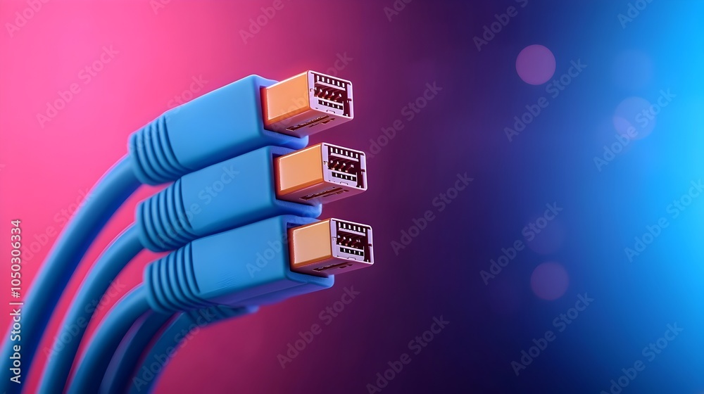 Poster Macro close up of glowing blue RJ45 Ethernet cables sharply contrasted against a dark futuristic digital interface showcasing the intricate connections and technology of modern communication networks