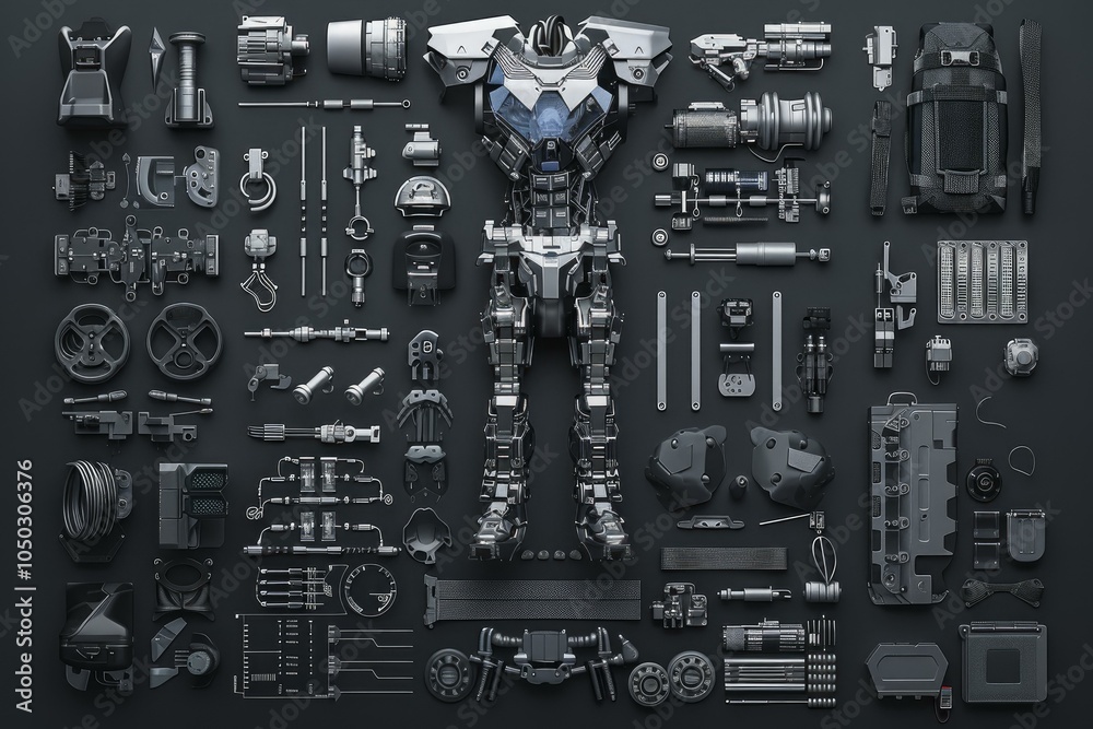 Poster 3d render of a futuristic robot lying disassembled on a grid pattern on black background