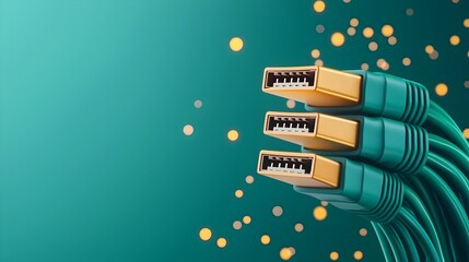 Illuminated blue RJ45 Ethernet cables on a tech inspired digital background with glowing light reflecting off the cables highlighting the high speed connectivity theme