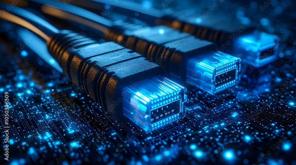 Poster Close up view of glowing blue RJ45 Ethernet cables set against a digital backdrop with abstract data streams and visual elements representing modern internet connectivity and technology