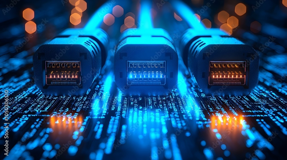 Poster Closeup view of RJ45 Ethernet cables with glowing blue light reflecting off the connectors set against a digital background with abstract data streams and technology elements