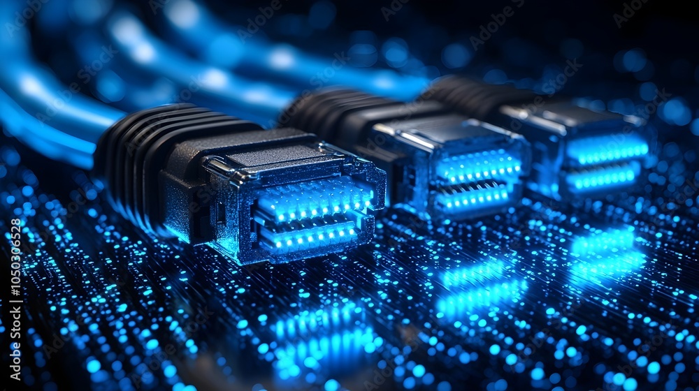 Poster Close up view of glowing illuminated RJ45 Ethernet cable connectors set against a digital background with abstract data streams and technology elements
