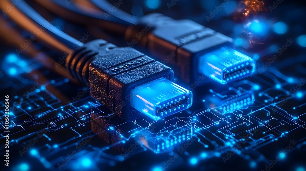 Poster Macro close up view of colorful blue glowing RJ45 Ethernet cables set against a dynamic digital background with flowing data lines and intricate geometric patterns