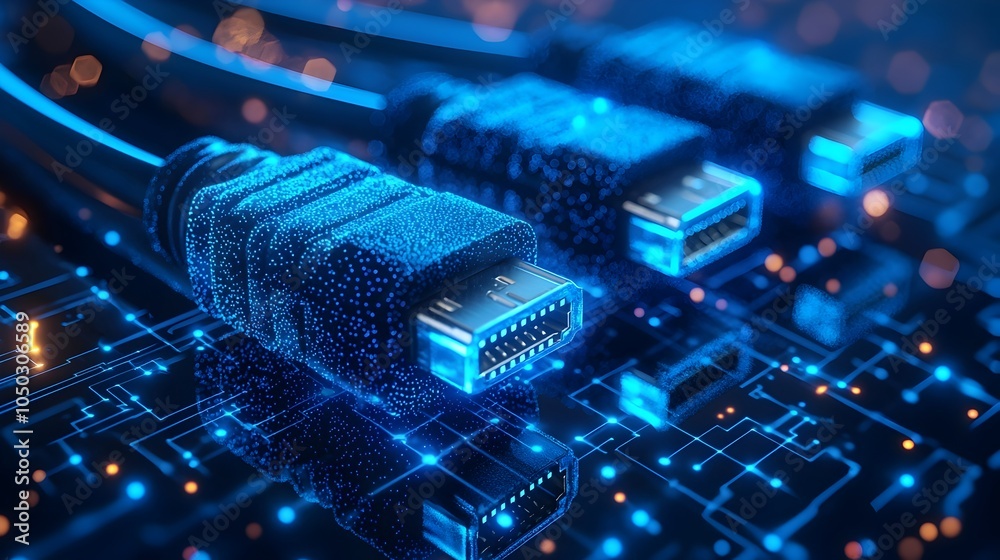 Poster Macro shot of vibrant blue glowing RJ45 Ethernet cables set against a futuristic digital backdrop with flowing data lines and geometric patterns