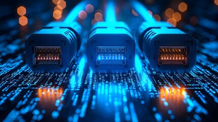 Closeup view of RJ45 Ethernet cables with glowing blue light reflecting off the connectors set against a digital background with abstract data streams and technology elements