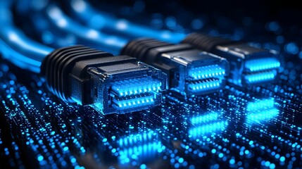Close up view of glowing illuminated RJ45 Ethernet cable connectors set against a digital background with abstract data streams and technology elements
