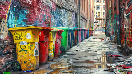 Fototapeta premium colorful garbage bins in urban alley