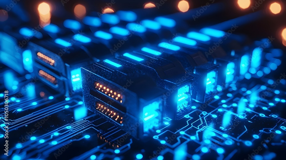 Aufkleber Glowing Illuminated RJ45 Ethernet Cables in Blue Digital Background of Circuits and Grids Representing High Speed Data Transfer and Advanced Technology Infrastructure