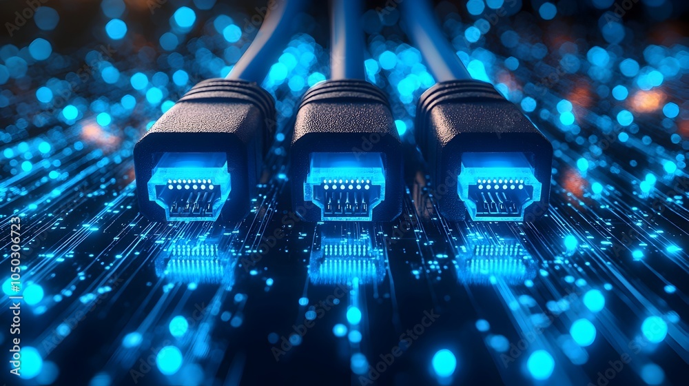 Aufkleber Detailed close up of glowing RJ45 Ethernet cables placed over a futuristic digital background with abstract blue light trails