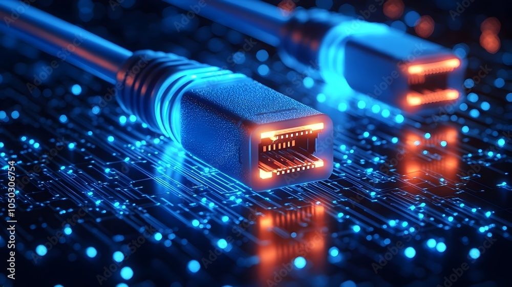 Poster Illuminated RJ45 Ethernet Cables Glowing in Vibrant Blue Color Against a Digital Background of Circuits and Grids Representing Fast Data Transfer and Advanced Technology Infrastructure